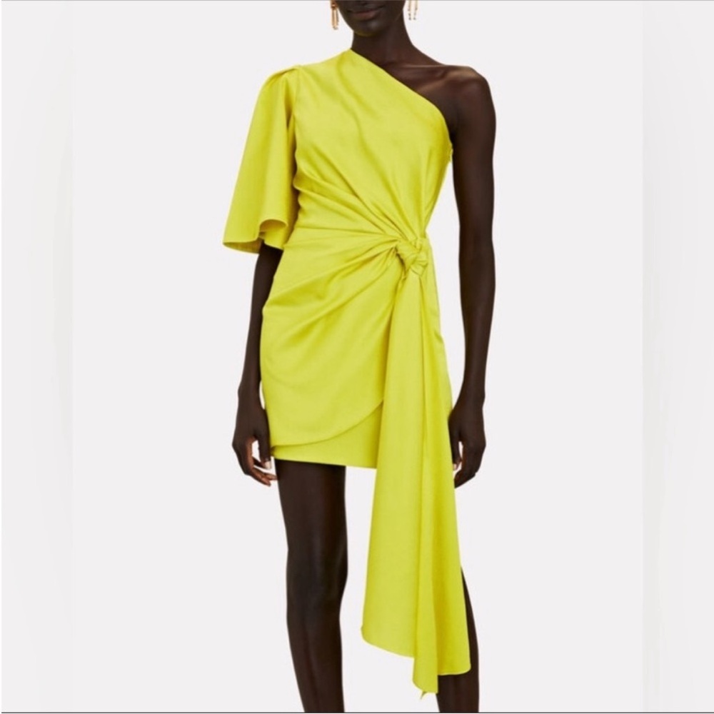 Solace London Marcie‎ One Shoulder Draped Knot Mini Dress in Bright Yellow Sz 2